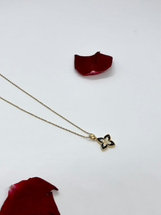 Black four-petaled flower necklace with rhinestones
